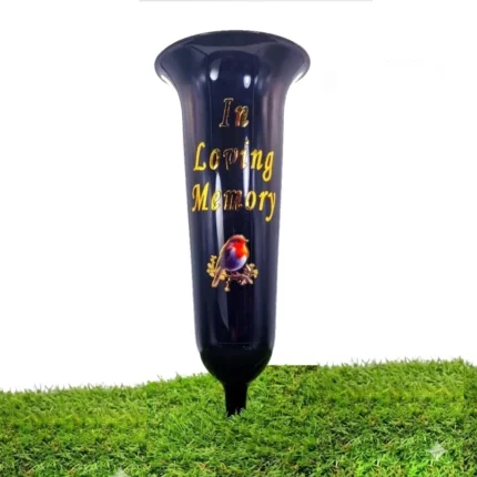 Pre-printed memorial vases pack black placed beside a gravestone