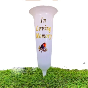White pre-printed memorial vases pack displayed beside a gravestone