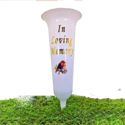 White pre-printed memorial vases pack displayed beside a gravestone